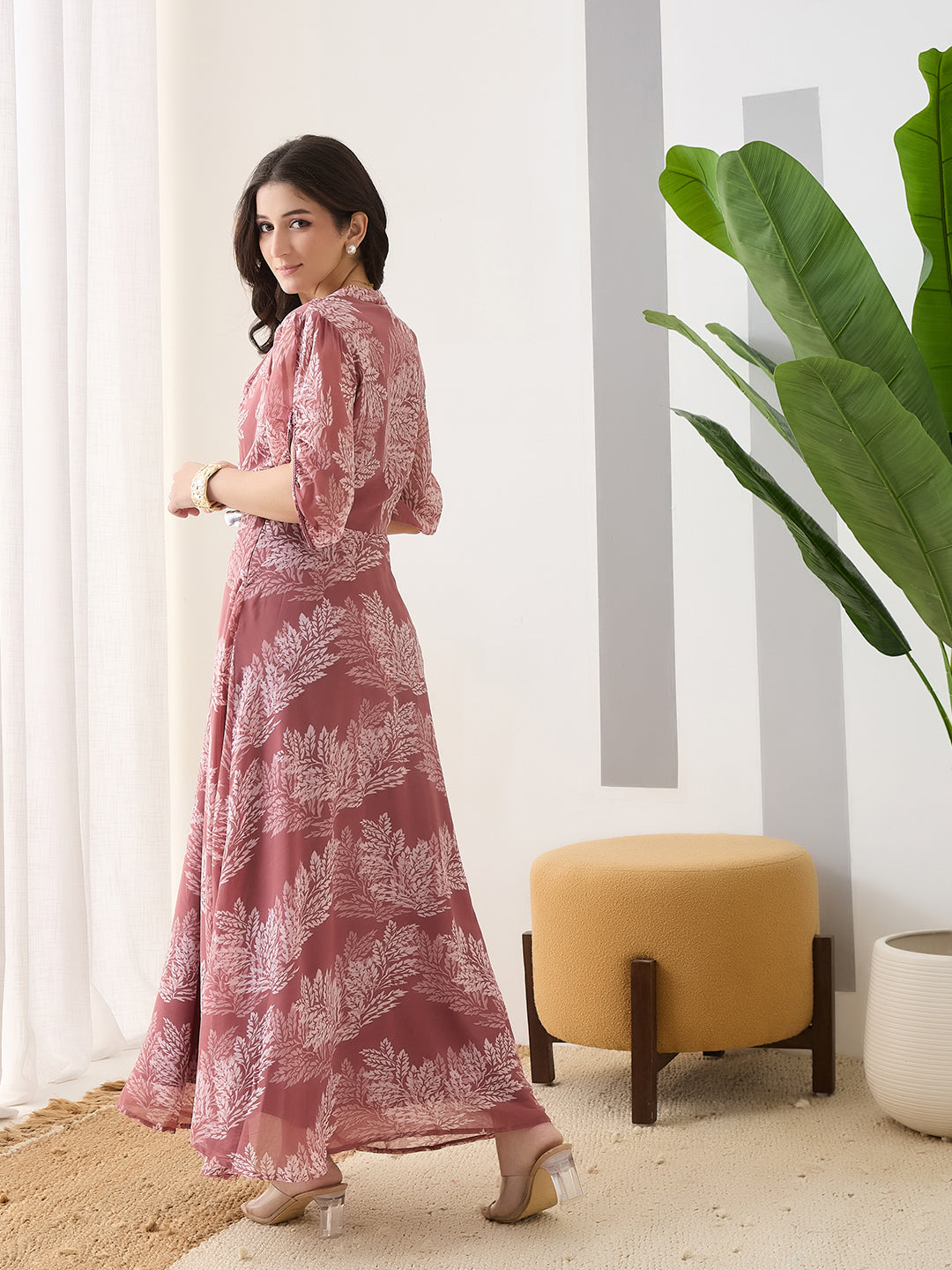 Latin Quarters Women Pink Printed Half Sleeves V-Neck Casual Maxi Dress