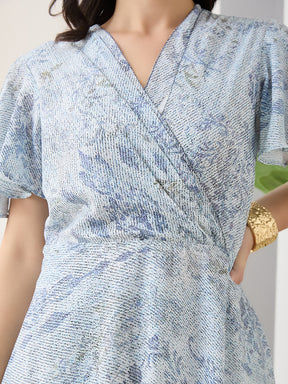 Latin Quarters Women Blue Printed Cap Sleeves Casual Dress