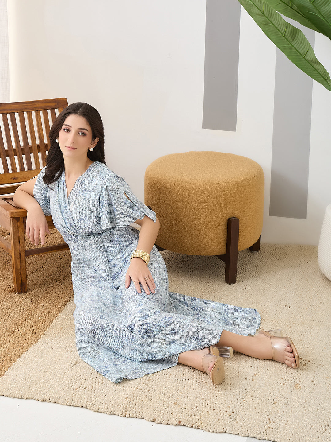 Latin Quarters Women Blue Printed Cap Sleeves Casual Dress
