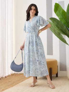 Latin Quarters Women Blue Printed Cap Sleeves Casual Dress