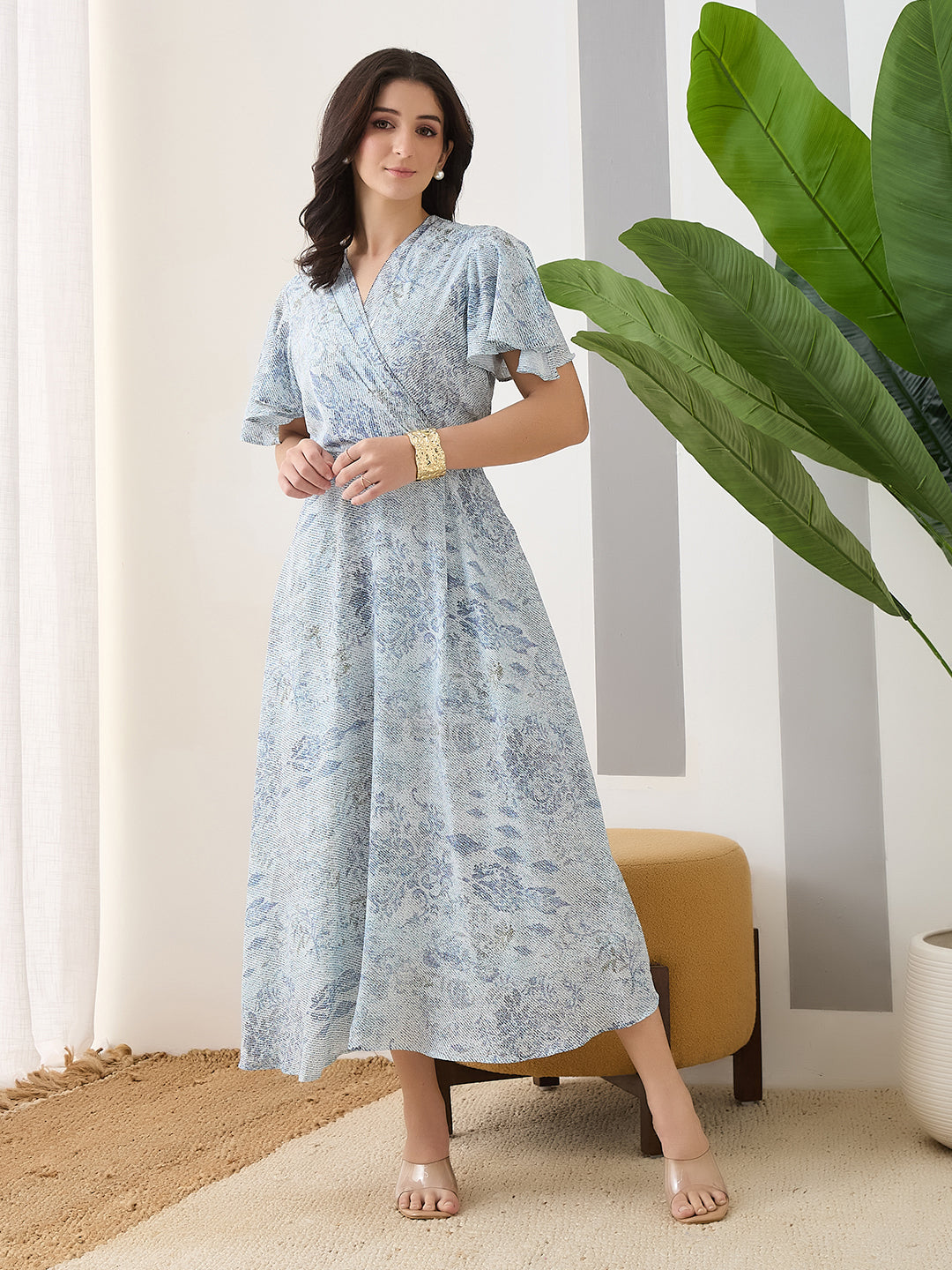 Latin Quarters Women Blue Printed Cap Sleeves Casual Dress