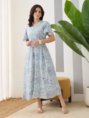 Latin Quarters Women Blue Printed Cap Sleeves Casual Dress