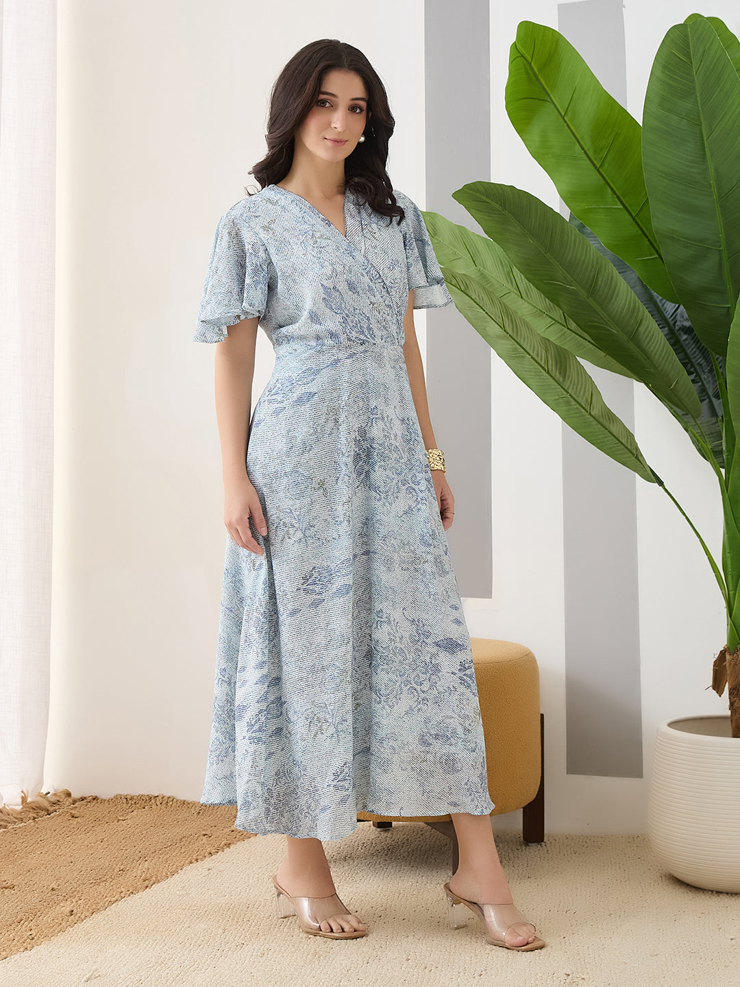 Latin Quarters Women Blue Printed Cap Sleeves Casual Dress
