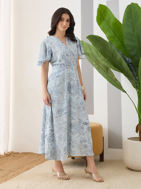 Latin Quarters Women Blue Printed Cap Sleeves Casual Dress