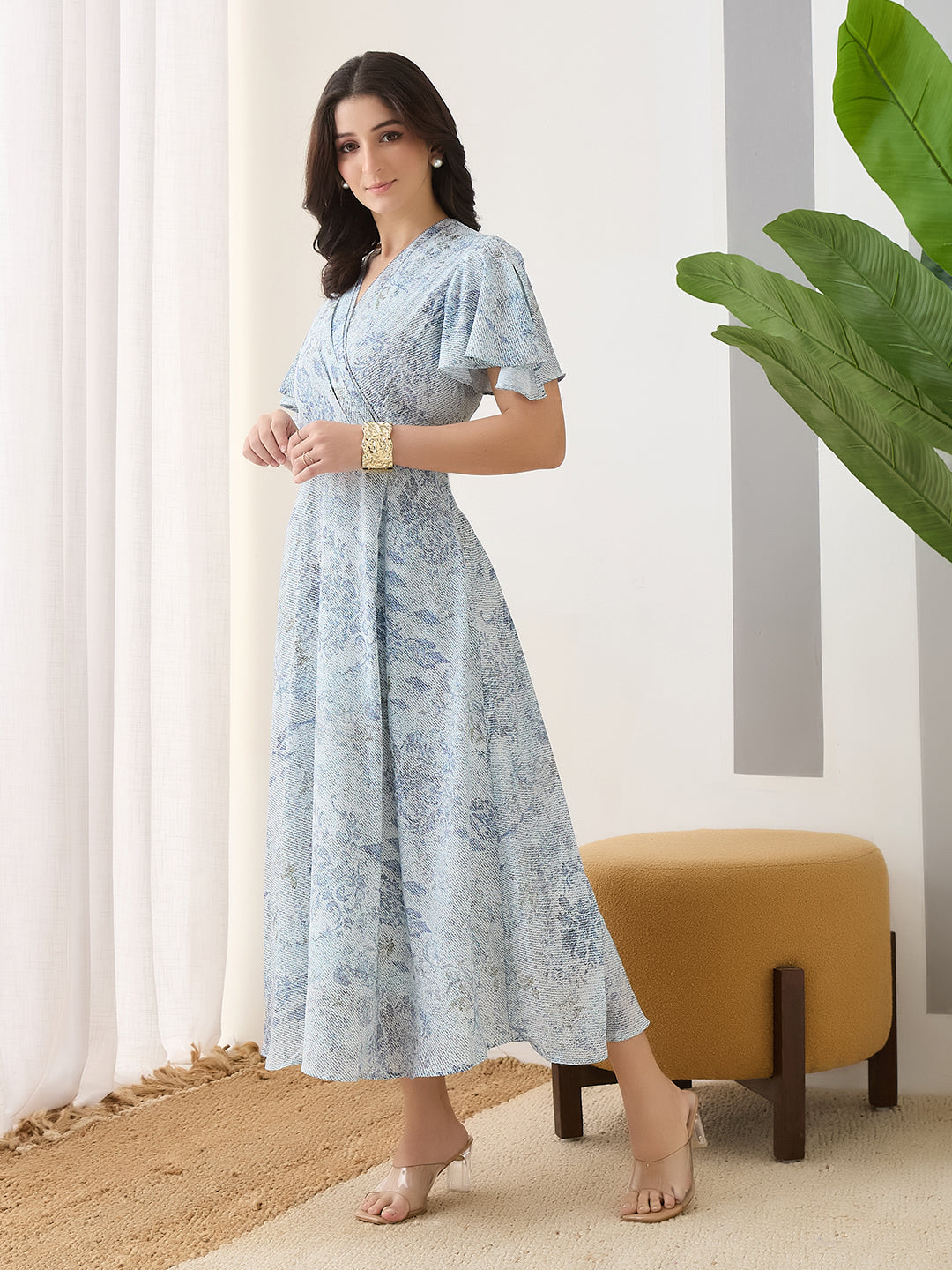 Latin Quarters Women Blue Printed Cap Sleeves Casual Dress