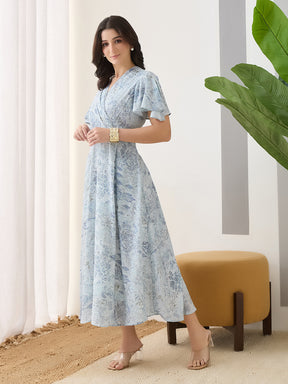 Latin Quarters Women Blue Printed Cap Sleeves Casual Dress