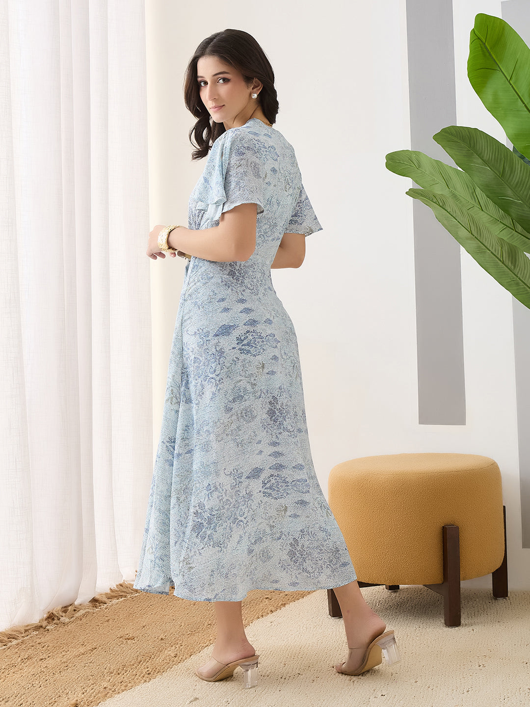 Latin Quarters Women Blue Printed Cap Sleeves Casual Dress