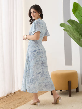 Latin Quarters Women Blue Printed Cap Sleeves Casual Dress