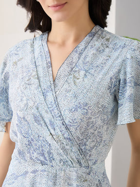 Latin Quarters Women Blue Printed Cap Sleeves Casual Dress