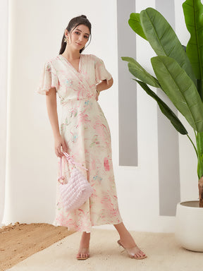 Latin Quarters Women Pink Printed Maxi Half Sleeves V-Neck Casual Dress