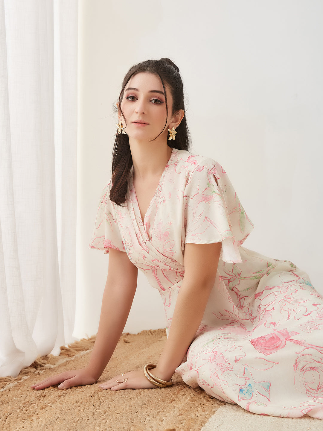 Latin Quarters Women Pink Printed Maxi Half Sleeves V-Neck Casual Dress