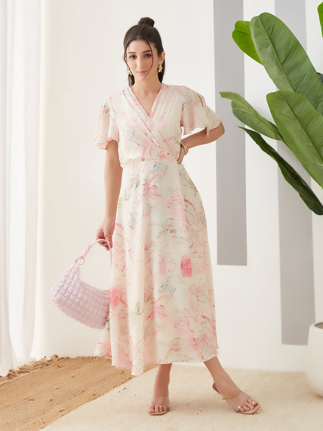 Latin Quarters Women Pink Printed Maxi Half Sleeves V-Neck Casual Dress