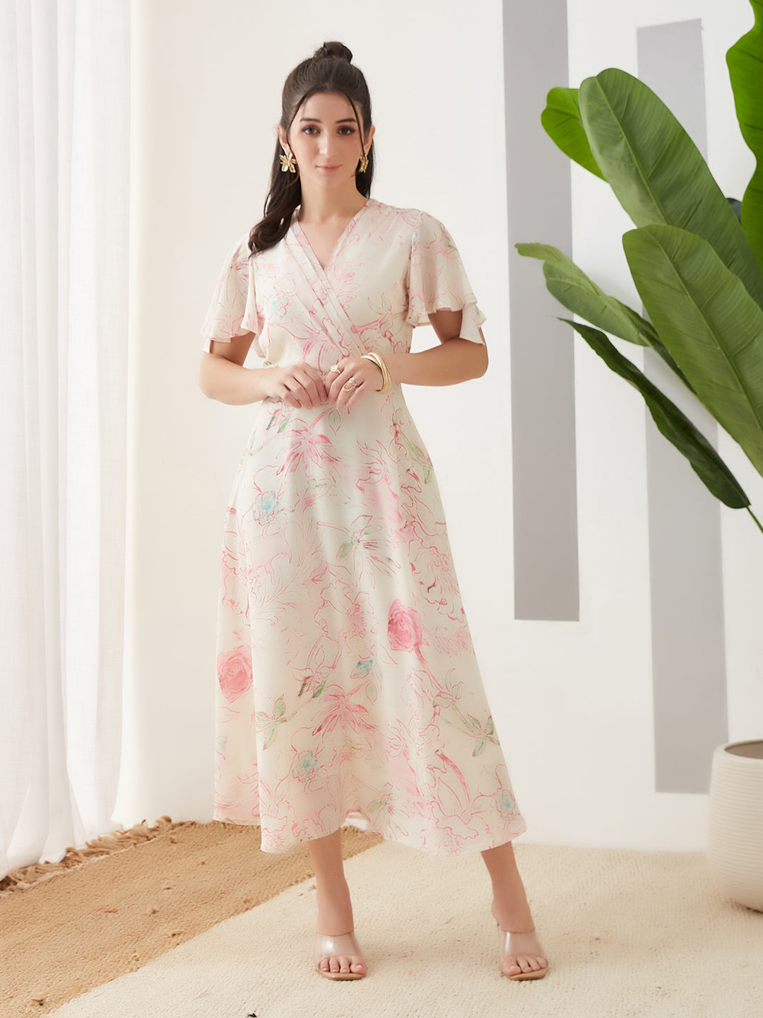Latin Quarters Women Pink Printed Maxi Half Sleeves V-Neck Casual Dress