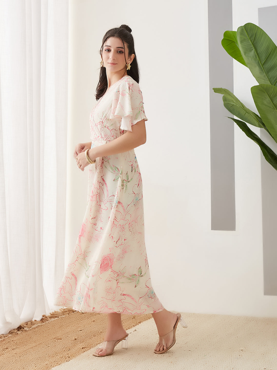 Latin Quarters Women Pink Printed Maxi Half Sleeves V-Neck Casual Dress