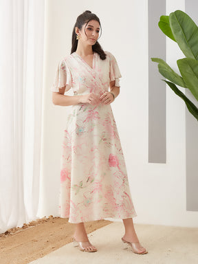 Latin Quarters Women Pink Printed Maxi Half Sleeves V-Neck Casual Dress