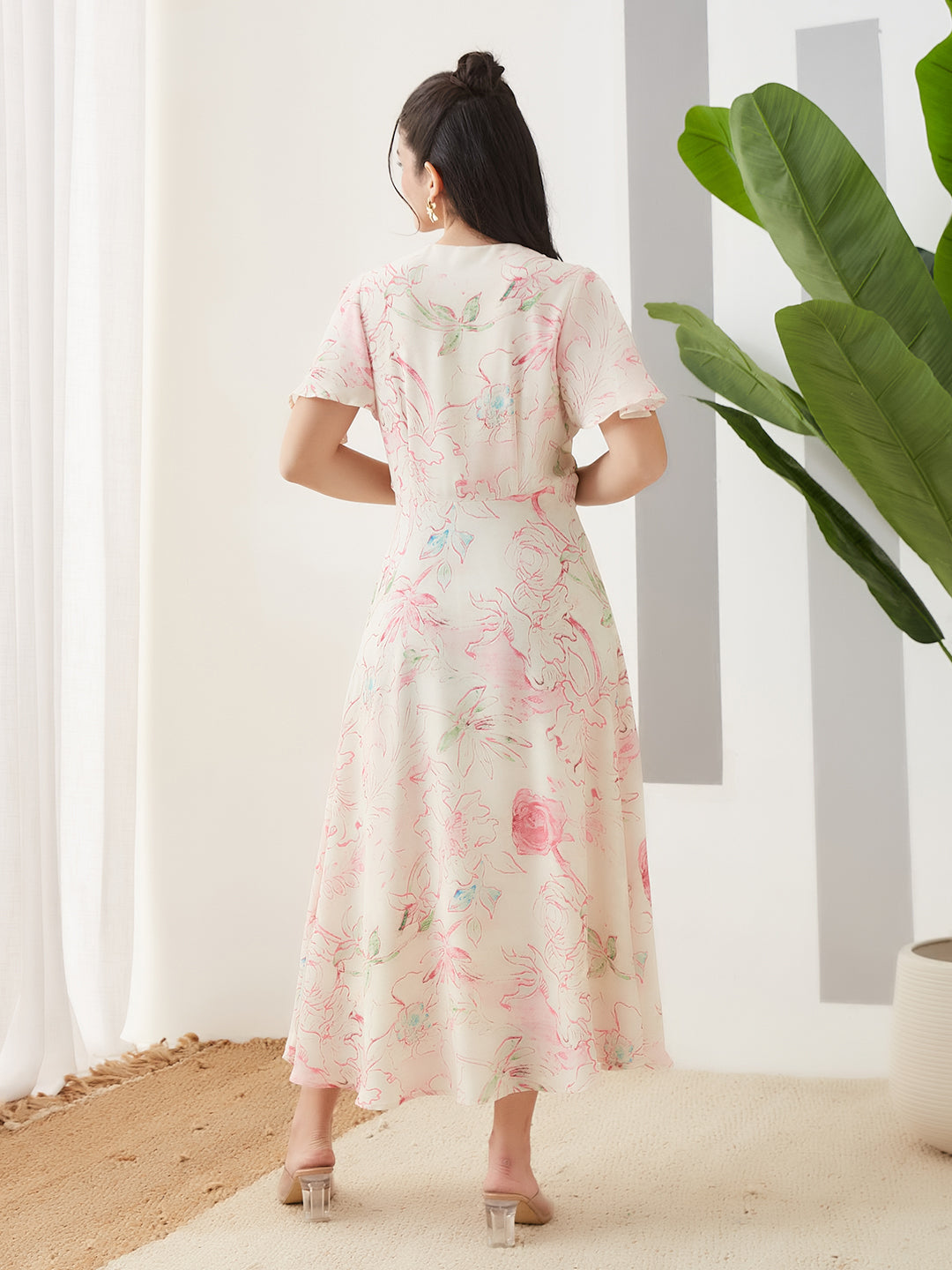 Latin Quarters Women Pink Printed Maxi Half Sleeves V-Neck Casual Dress