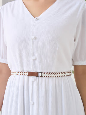 Latin Quarters Women White Solid Midi Half Sleeves V-Neck Casual Dress