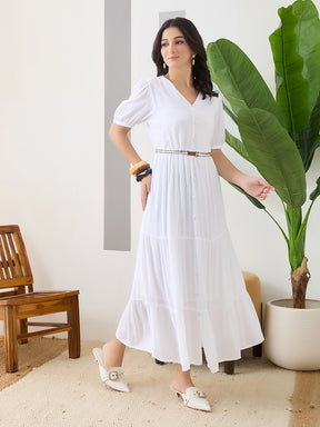 Latin Quarters Women White Solid Midi Half Sleeves V-Neck Casual Dress