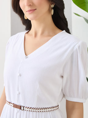 Latin Quarters Women White Solid Midi Half Sleeves V-Neck Casual Dress