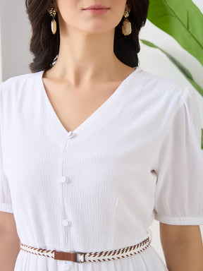Latin Quarters Women White Solid Midi Half Sleeves V-Neck Casual Dress