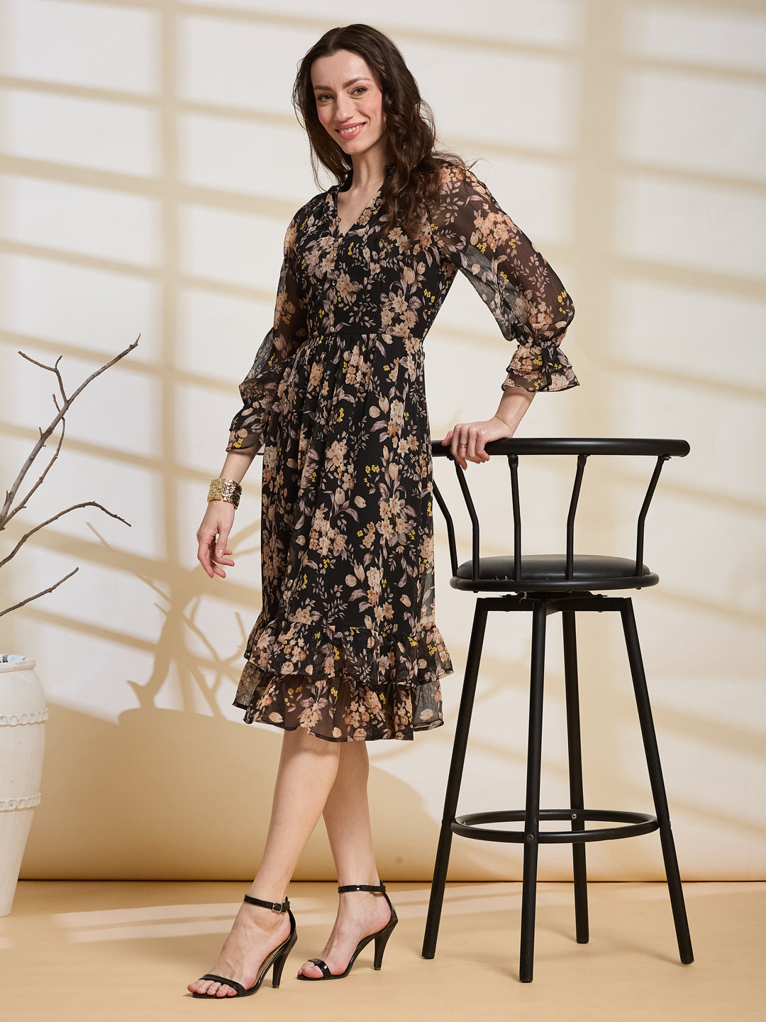 Latin Quarters Women's Black Printed V-Neck 3/4Th Sleeve Casual Fit & Flare Dress