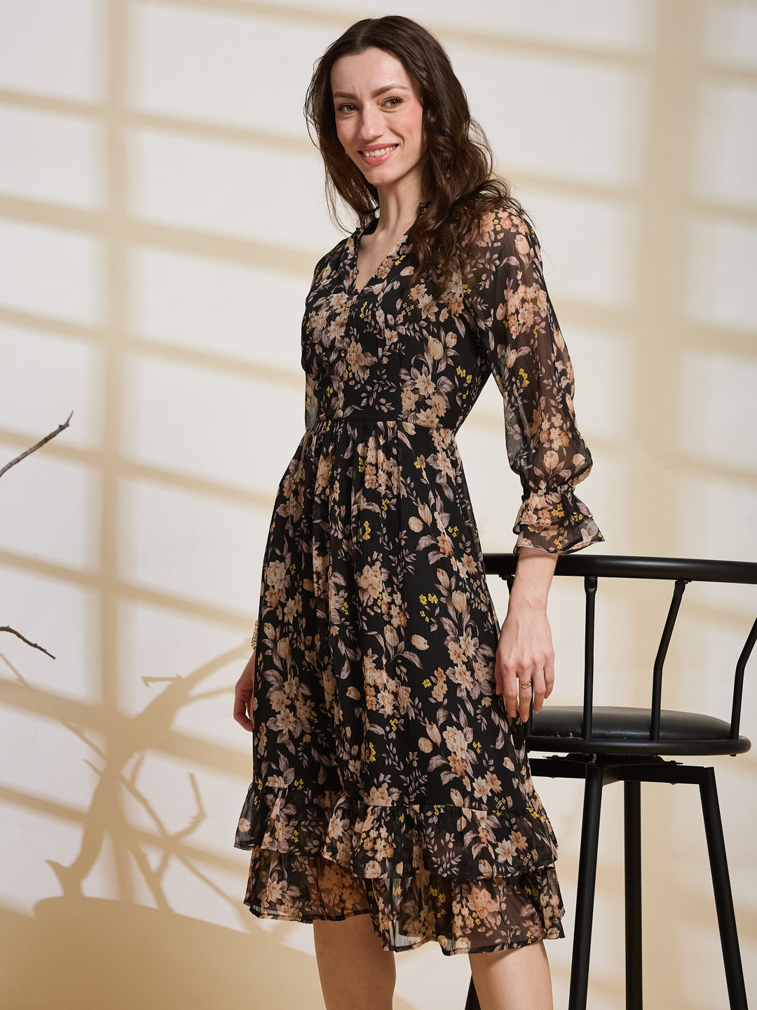 Latin Quarters Women's Black Printed V-Neck 3/4Th Sleeve Casual Fit & Flare Dress