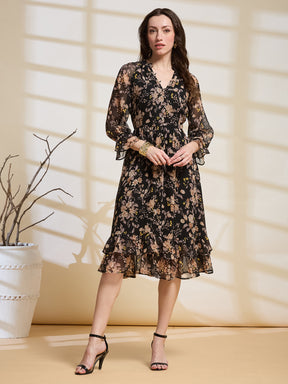 Latin Quarters Women's Black Printed V-Neck 3/4Th Sleeve Casual Fit & Flare Dress