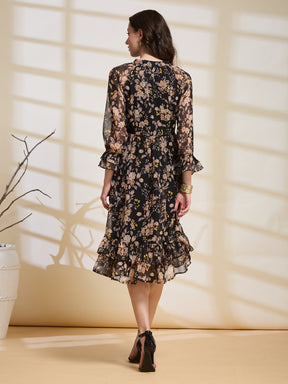 Latin Quarters Women's Black Printed V-Neck 3/4Th Sleeve Casual Fit & Flare Dress