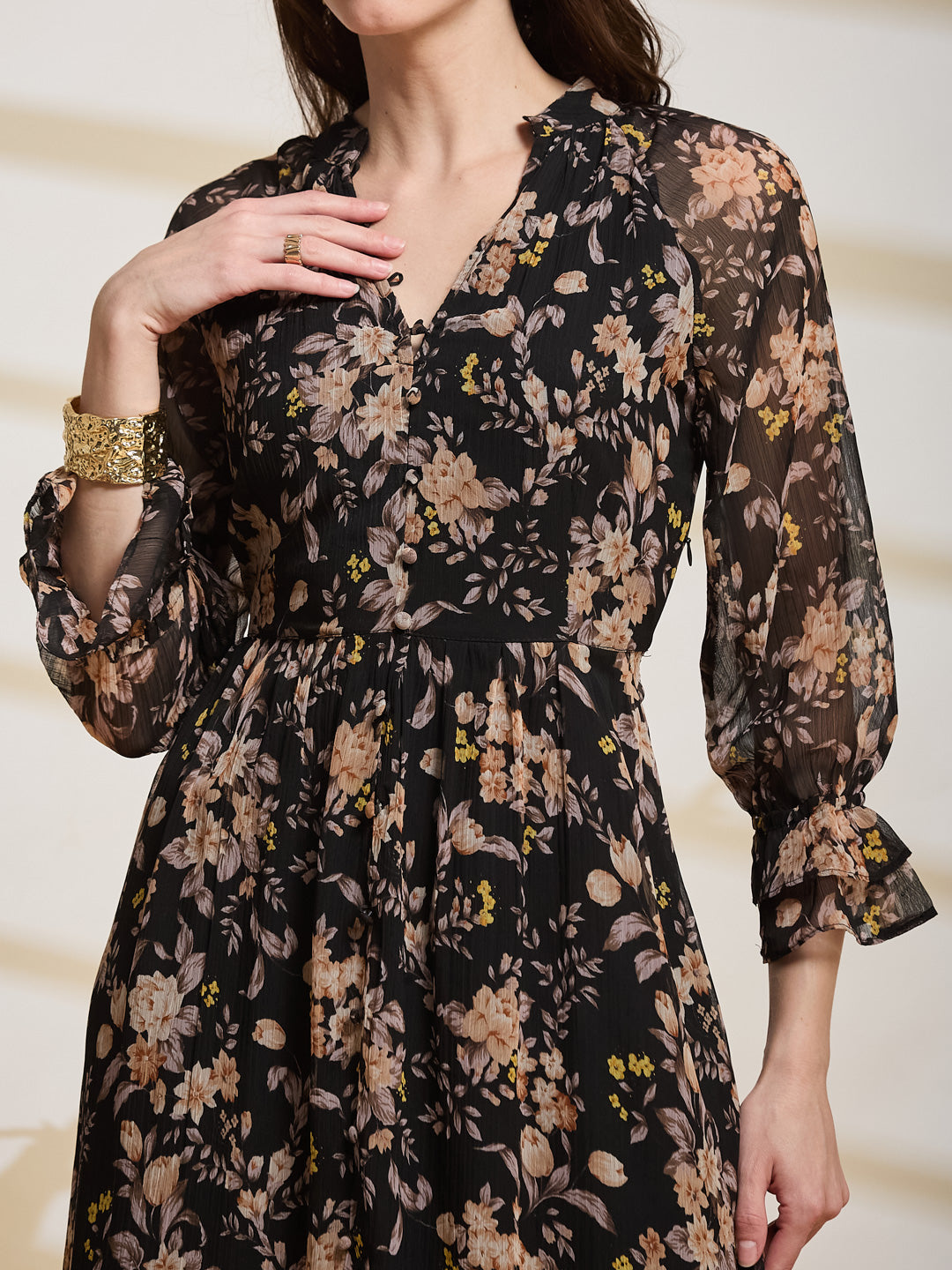 Latin Quarters Women's Black Printed V-Neck 3/4Th Sleeve Casual Fit & Flare Dress