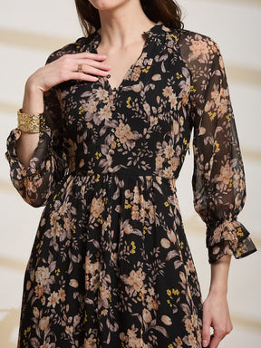 Latin Quarters Women's Black Printed V-Neck 3/4Th Sleeve Casual Fit & Flare Dress