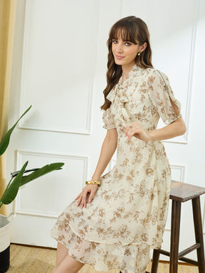 Latin Quarters Women's Ivory Half Sleeves Tie Neck Casual Printed Dress