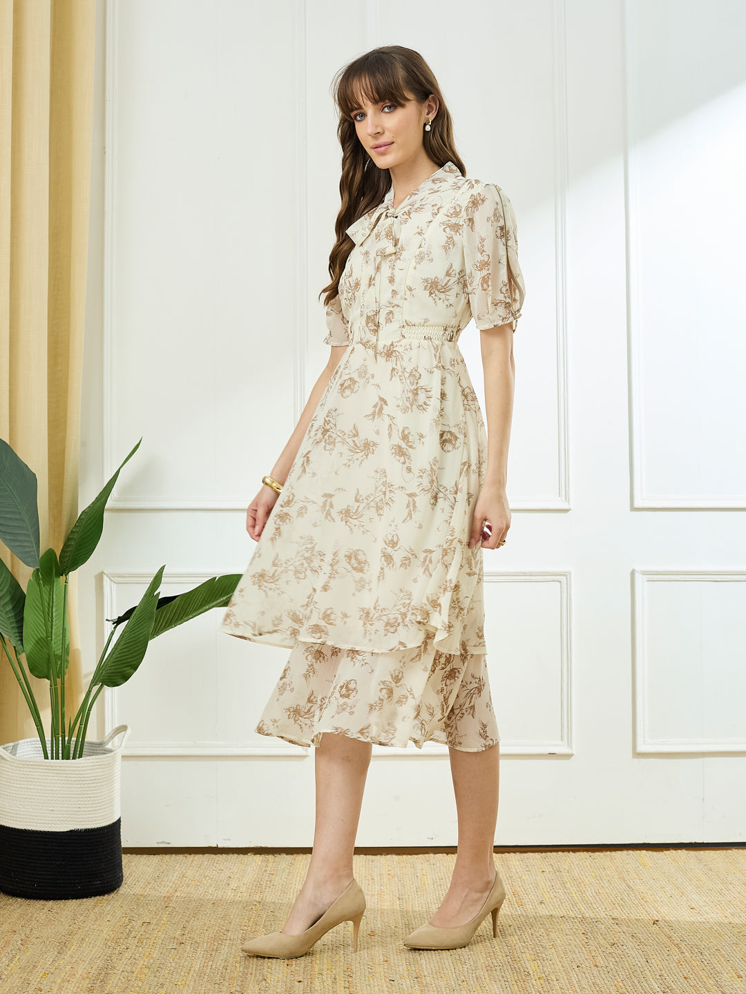 Latin Quarters Women's Ivory Half Sleeves Tie Neck Casual Printed Dress