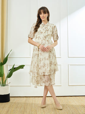 Latin Quarters Women's Ivory Half Sleeves Tie Neck Casual Printed Dress