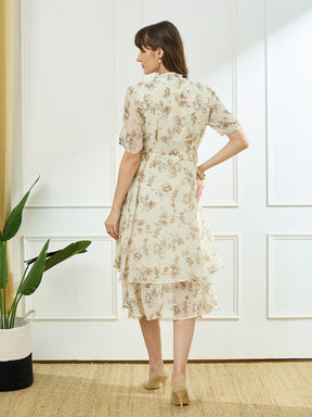 Latin Quarters Women's Ivory Half Sleeves Tie Neck Casual Printed Dress