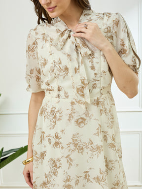 Latin Quarters Women's Ivory Half Sleeves Tie Neck Casual Printed Dress