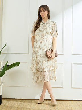 Latin Quarters Women's Ivory Half Sleeves Tie Neck Casual Printed Dress