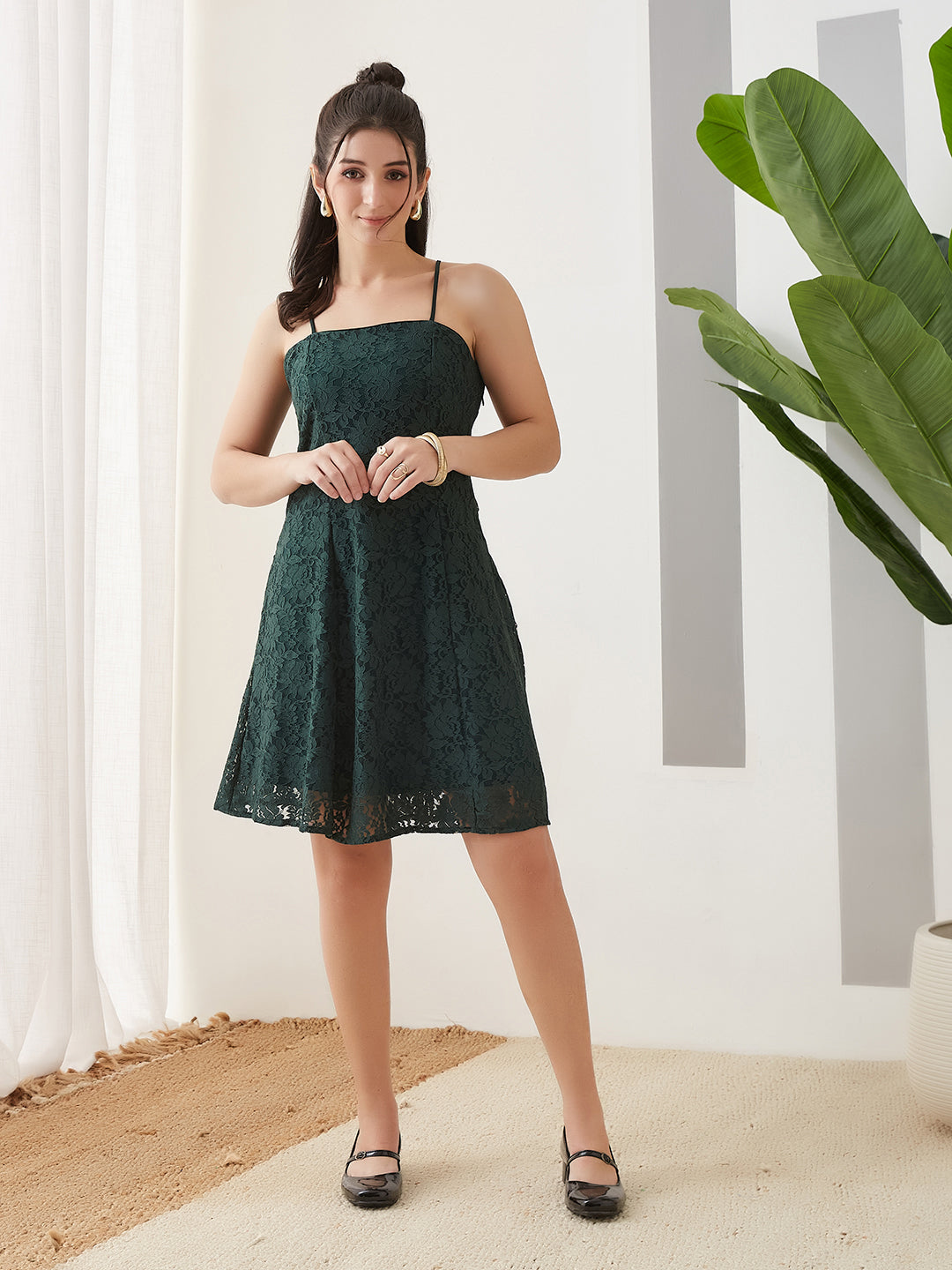 Latin Quarters Women Green Knee Length Strappy Square Neck Casual Dress