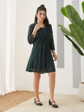 Latin Quarters Women Green Knee Length Strappy Square Neck Casual Dress