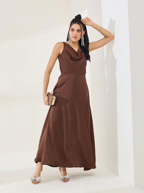 Latin Quarters Women's Brown Solid Sleeveless Cowl Neck Party A-Line Dress