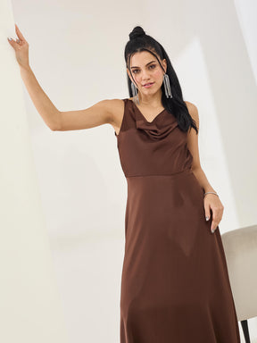 Latin Quarters Women's Brown Solid Sleeveless Cowl Neck Party A-Line Dress