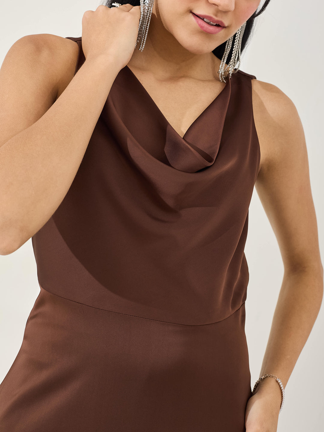 Latin Quarters Women's Brown Solid Sleeveless Cowl Neck Party A-Line Dress
