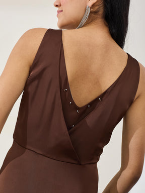 Latin Quarters Women's Brown Solid Sleeveless Cowl Neck Party A-Line Dress