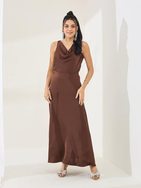 Latin Quarters Women's Brown Solid Sleeveless Cowl Neck Party A-Line Dress