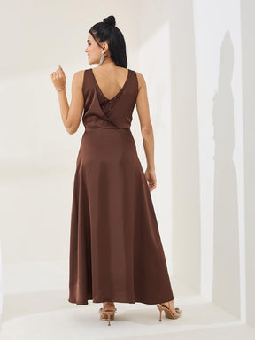 Latin Quarters Women's Brown Solid Sleeveless Cowl Neck Party A-Line Dress
