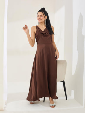 Latin Quarters Women's Brown Solid Sleeveless Cowl Neck Party A-Line Dress