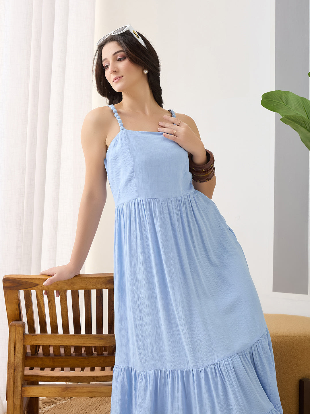 Latin Quarters Women Blue Solid Maxi Strappy Square Neck Casual Dress