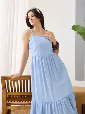 Latin Quarters Women Blue Solid Maxi Strappy Square Neck Casual Dress