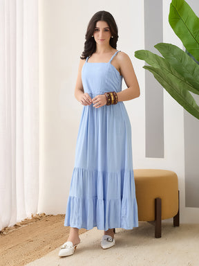 Latin Quarters Women Blue Solid Maxi Strappy Square Neck Casual Dress