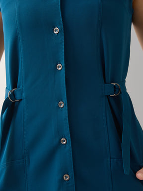 Latin Quarters Women's Teal Solid Sleeveless Collar Neck Casual Shirt Dress