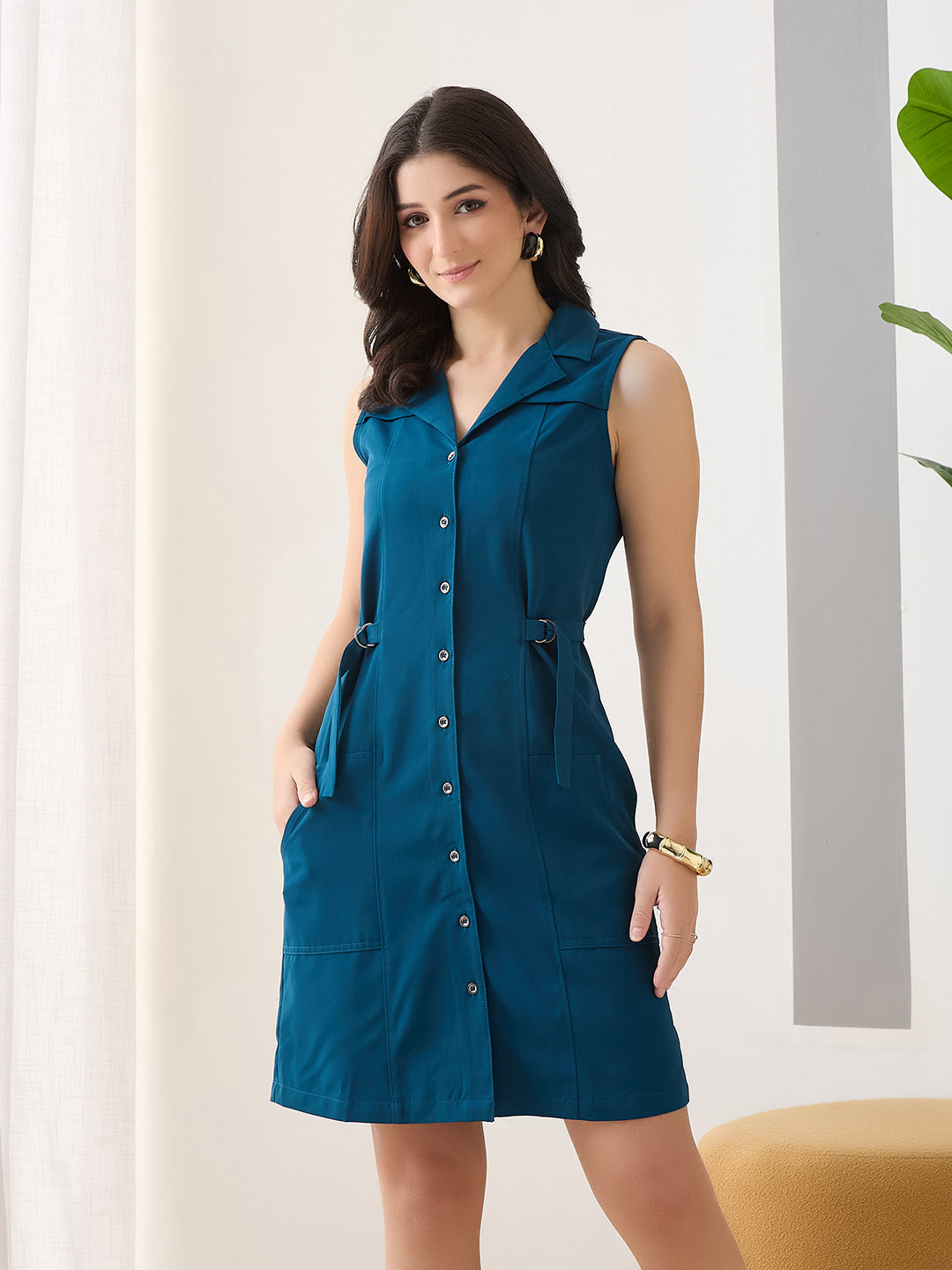 Latin Quarters Women's Teal Solid Sleeveless Collar Neck Casual Shirt Dress